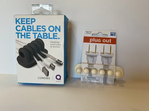 Quirky Cordies Gray Cord Clips Anchor Keep Cables + New Plug Out White Both NEW