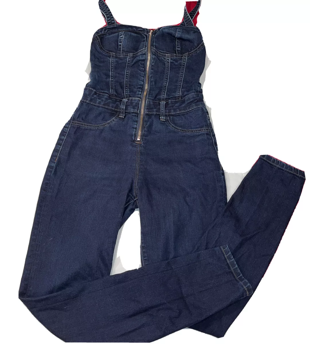 BEBE Bustier Corset Zip Jean Jumpsuit Dark Blue Denim Sleeveless