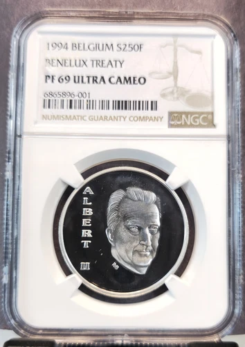 1994 BELGIUM SILVER 250 FRANCS BENELUX TREATY NGC PF 69 ULTRA CAMEO TOP POP