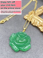 Jade Rose Flower Pendant Charm Necklace W/ 18K Gold Plated Chain Handmade Carved