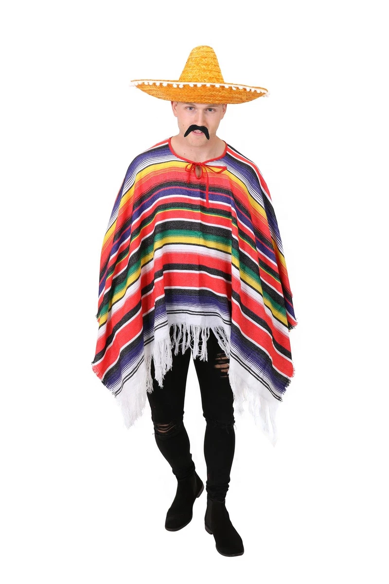 Poncho Mexicano Con Flecos A Rayas – Disfraz Étnico Para Hombre, Ideal Para Fiestas Y Halloween