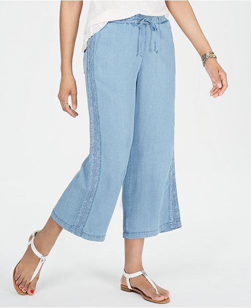 Style & Co Womens Wide Cropped Pants Size PS Blue Embroidered Chambray