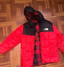 The North Face Boys Reversible Hooded Insulated Puffer Jacket Red Black Plaid