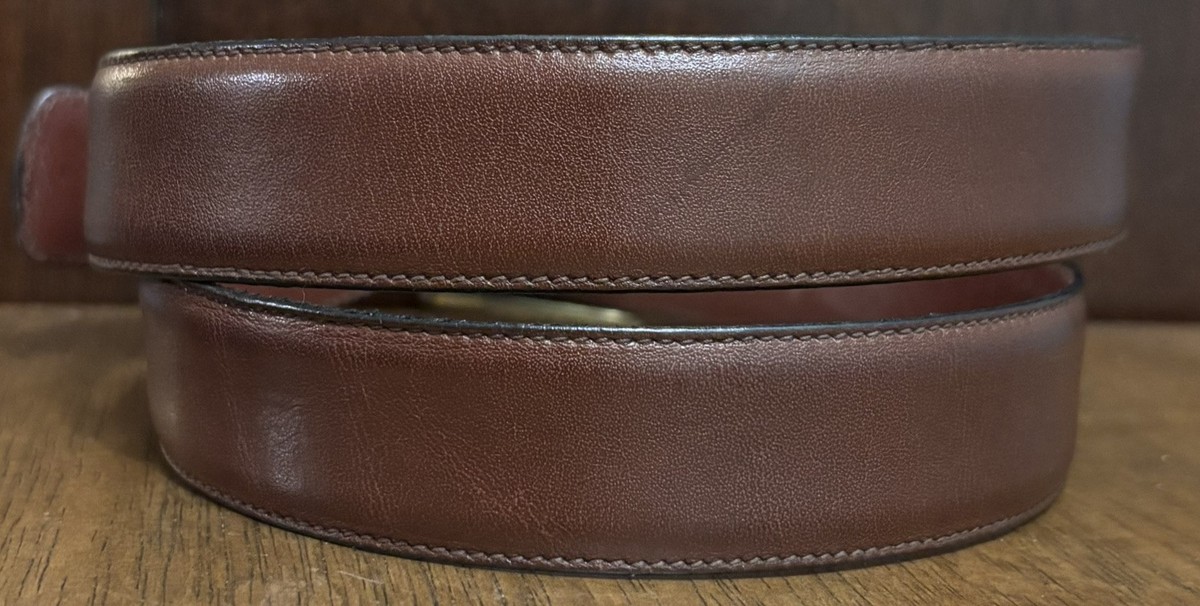 VTG Brown Leather Dress Belt Sz32 1-1/16”Wide Brass Bkl VGUC VTG Brown Leather Dress Belt Sz32 1-1/16”Wide Brass Bkl VGUC