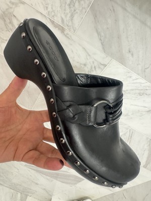 Ecco Womens Black Leather Stud O Ring Straps Mule Clogs Sz 40 Euro 9 9.5 US