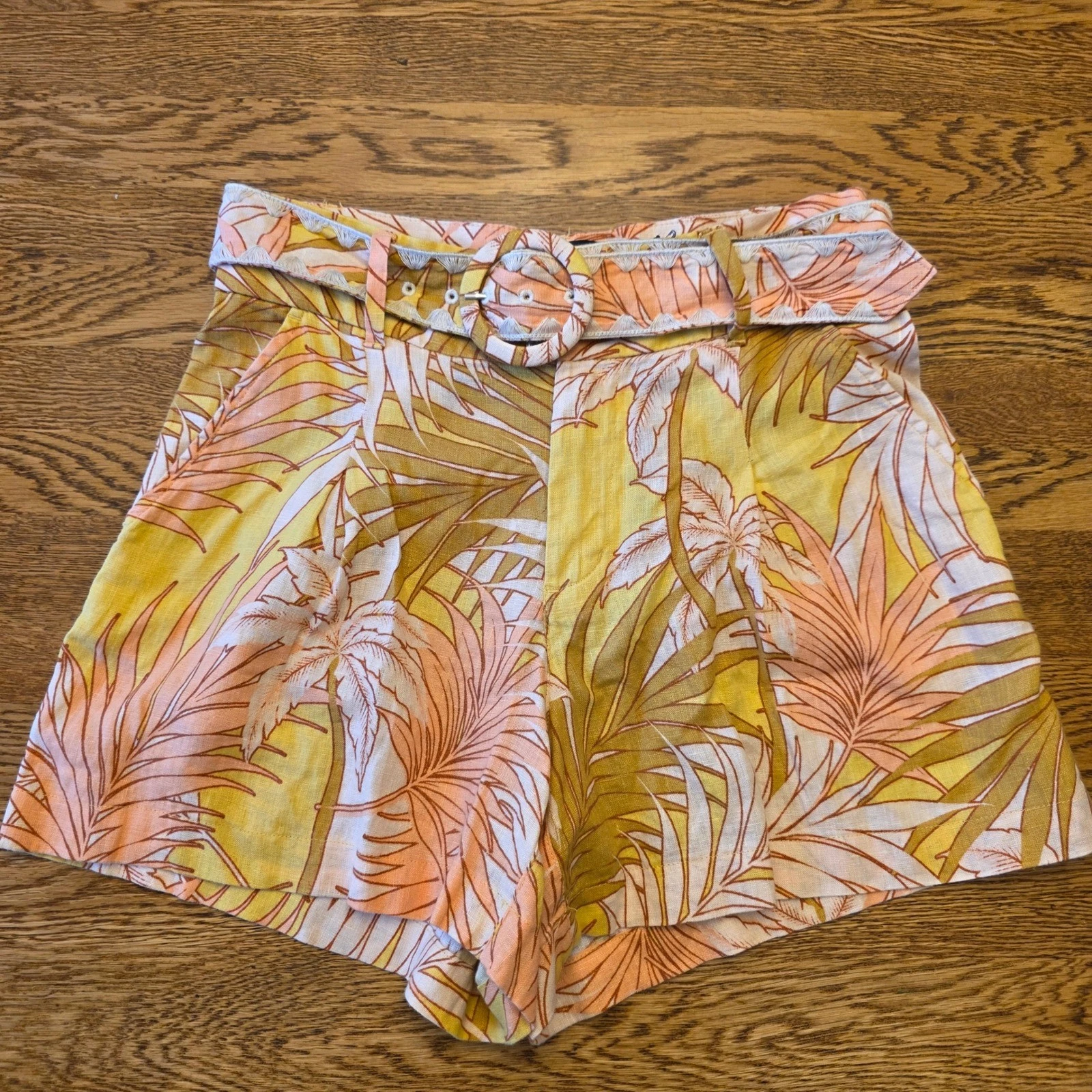 100% Linen Tahari Sz 4 Tropical Palm Print Belted Shorts Yellow Orange High Rise