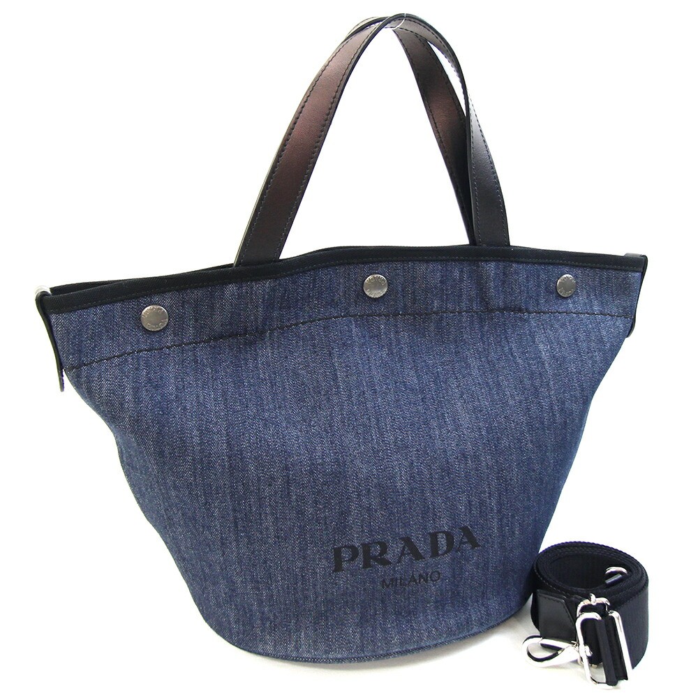 Prada 2-Way Tote Bag 1BG244 Blue Black Denim Leather Used Logo