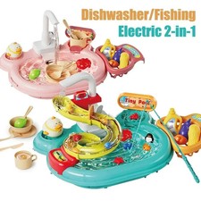 2 in 1 Play Sink Running Water Kids Play Kitchen Toy Sink Electronic Dishwasher