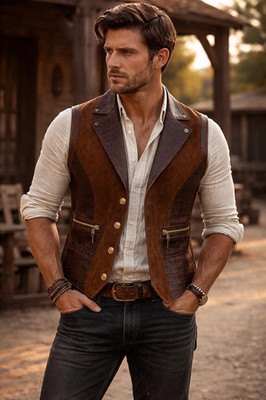 Mens Embossed Crocodile Leather Vest Vintage Cowhide Brass Buttons YKK Zip