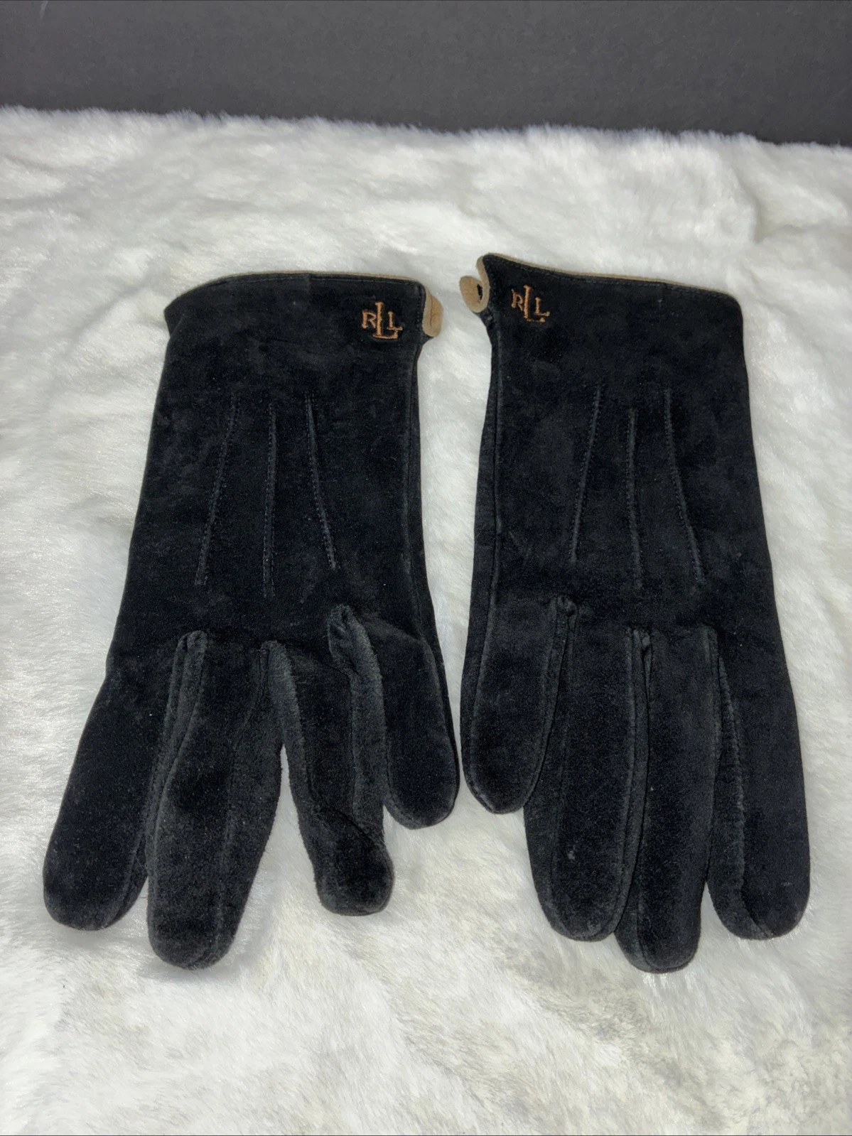 Lauren Ralph Lauren Black Suede Gloves Embroidered Logo Women’s Sz M