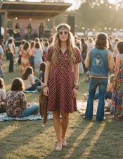 WOMEN'S/LADIES 70’S VINTAGE CLOTHES, RED STRIPE HIPPY/BOHO FOLK/FESTIVAL DRESS 8