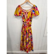 Farm Rio Midi Dress Women XS Yellow Multi Abstract Tropical Beaded Belt Puff