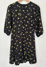 New Look Black & Yellow Floral Frill spring summer festival Tea Dress 8 Uk