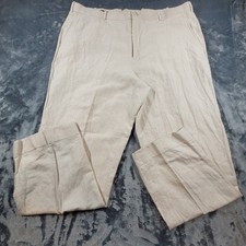 Perry Ellis Mens 40x32 29.5" Classic Linen Cotton Herringbone Pants Beige Tan