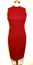 Body Con Mock Neck Wiggle Dress Black & Red Striped Sleeveless M Stretch