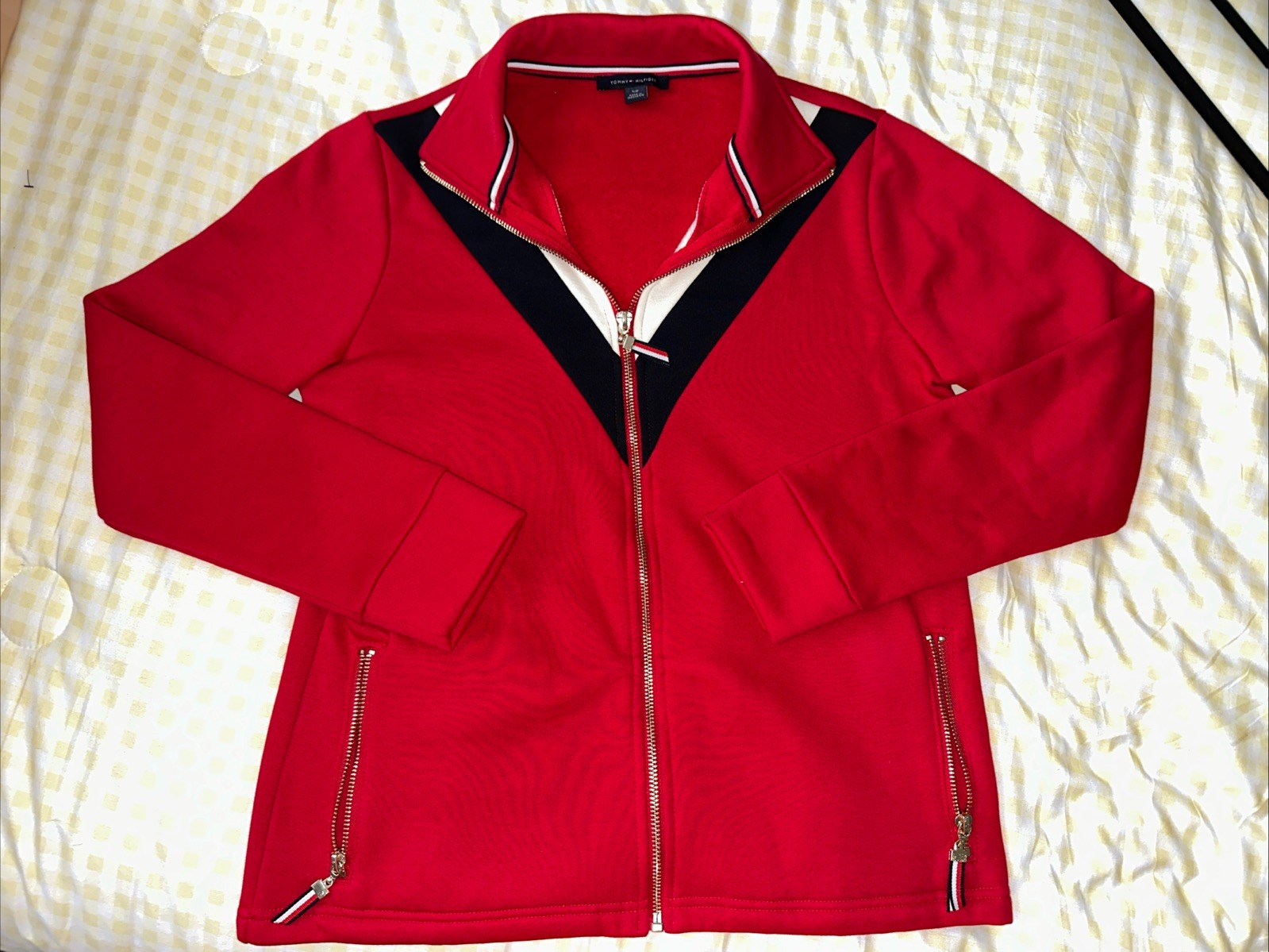 Tommy Hilfiger Womens S Full Zip Track Jacket Red Chevron Logo Preppy #763