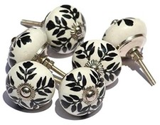 Set of 6 Unique Handmade Ceramic Knobs Modern Black and White Flower Design
