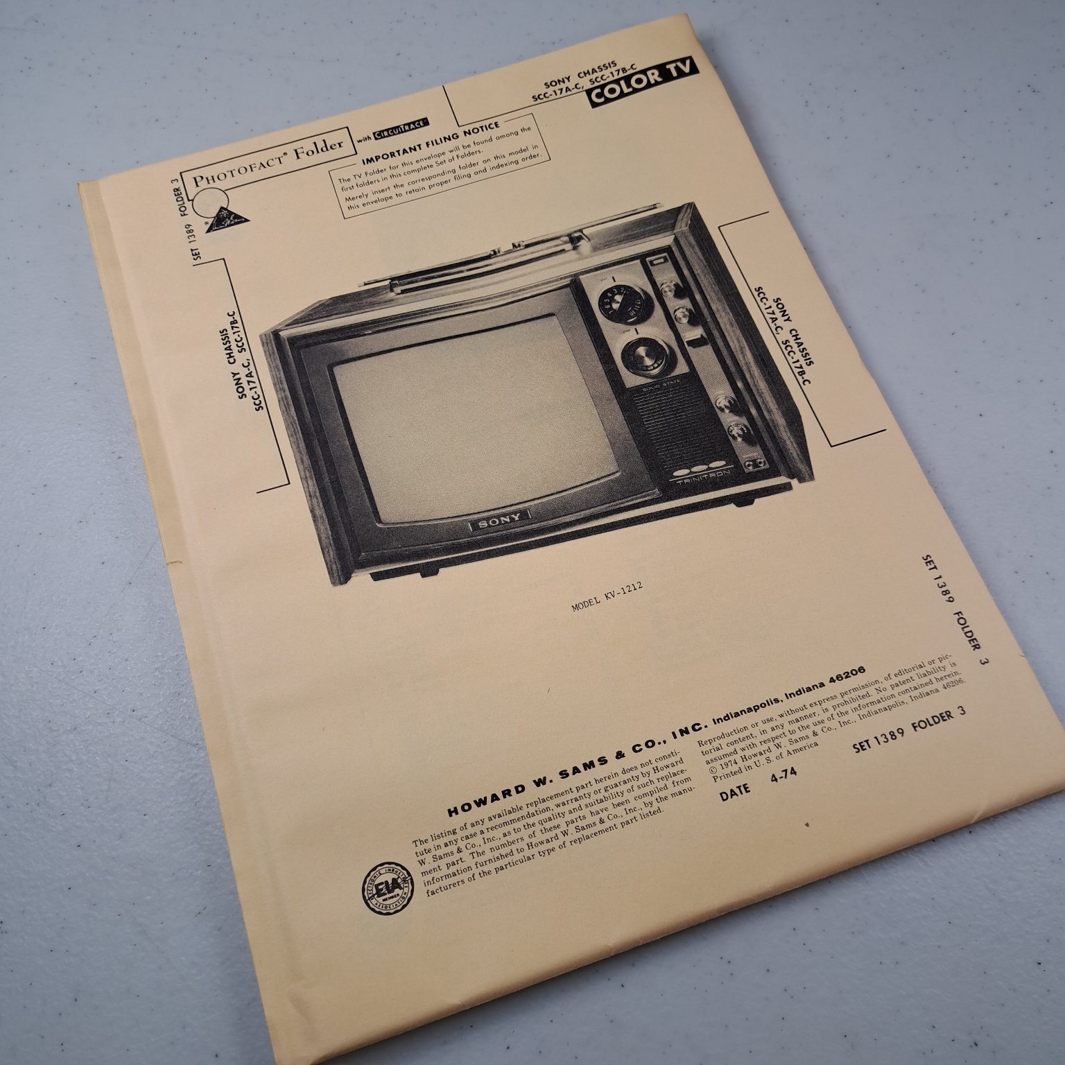 SONY Manual KV-1212 Color TV 1974 Photofact Schematic Diagrams Repair