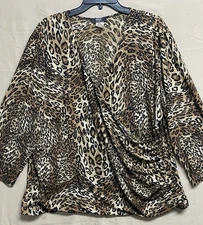 MSK Women 3X Wrap Leopard Print Draped Blouse 3/4 Sleeve V-Neck Stretch Brown