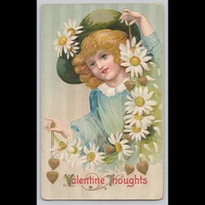 Antique Postcard Valentine Thoughts Child with Daisies and Hearts 1911