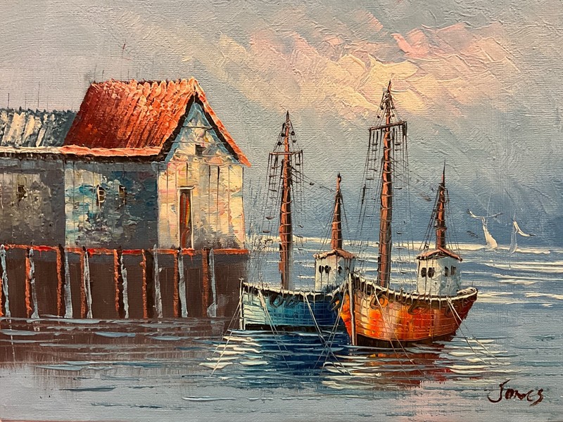 Oil Painting 12x16" Boats in sea, realistic