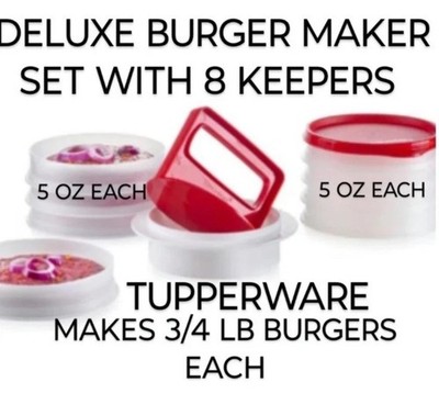 Tupperware Hamburger SUPER SET Maker Press & 8 Keepers w/1 Seal Red BPA FREE New