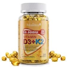 Vitamin D3 10000 iu Plus K2 MK-7 200 mcg 3 in 1 Vitamins D & K Complex 300 Vi...