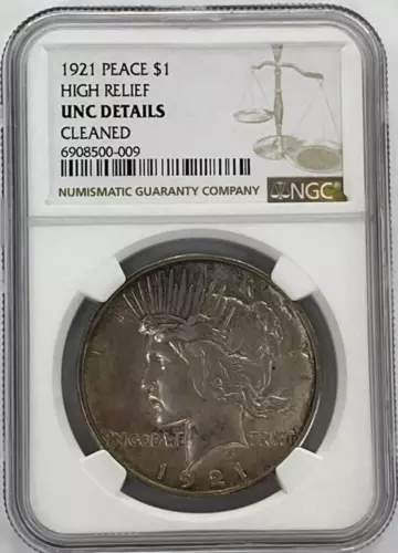 1921 Peace Silver Dollar $1 High Relief NGC Uncirculated Details Cleaned, UNC