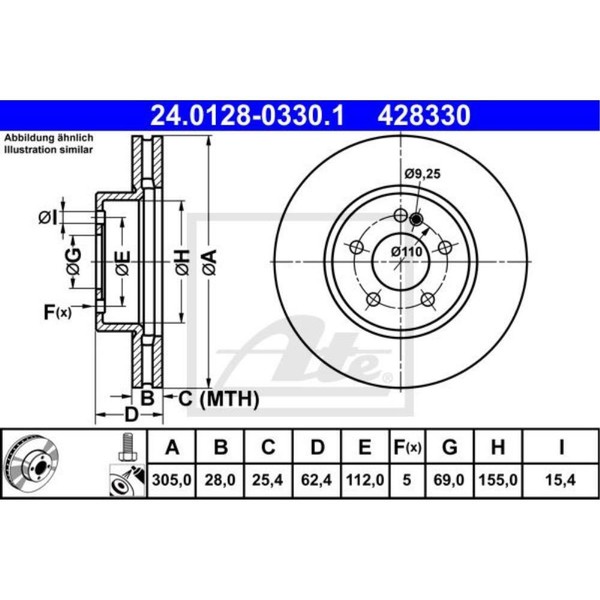 ATE 2X Bremsscheibe Vorne Ø305 Mm FüR Mercedes-Benz C-Klasse T-Model S205-image