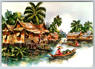 Continental Southern Eastern Asia Boats Market Art Vintage Postcard