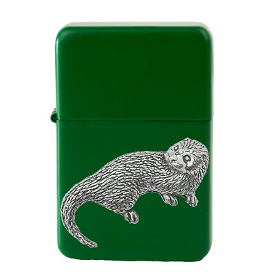 #ad A13 Otter Pewter design on a GREEN flip top petrol lighter windproof GBP 14.95