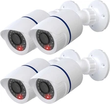 4-Pack Fake Security Cameras with LED Light Warning Sticker - Dummy CCTV Cameras