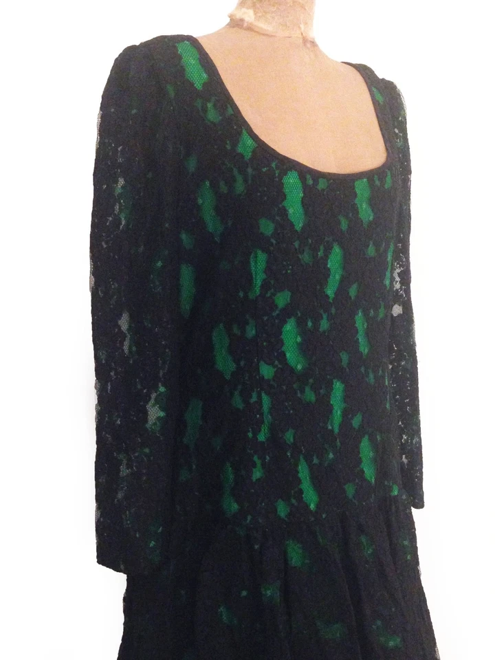 Vestido de Cóctel RICHILENE 60s Kelly Verde y Negro Encaje Cintura Caída - Talla Grande Foto 2 de 4