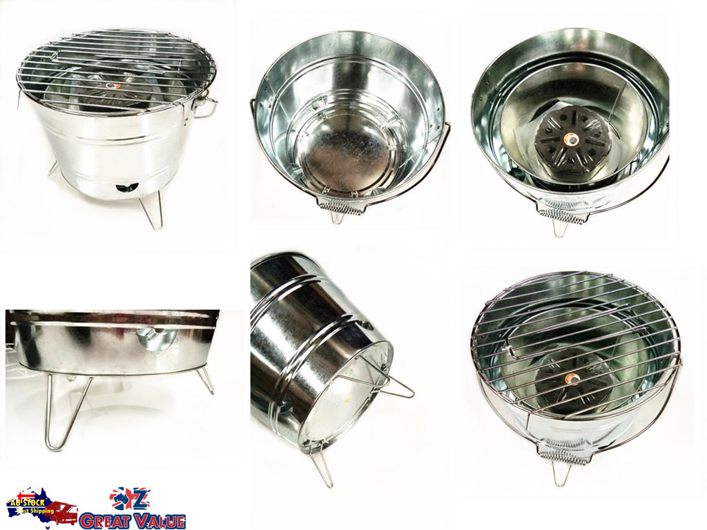 Galvanized Metal Bucket BBQ w Fold Out Legs Outdoor Camping Summer