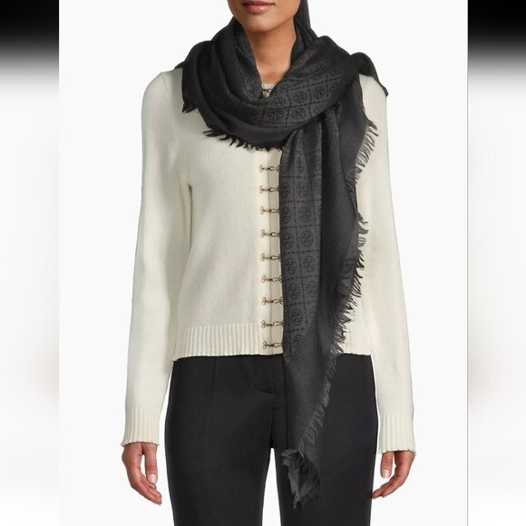 Tory Burch T Monogram Jacquard Traveler Scarf in Black | eBay