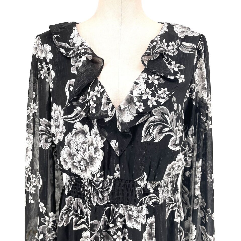 Guess Chiffon Midi Dress Black Floral Long Sleeves Elastic Waist Sz 12 ...
