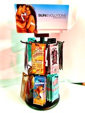 DREHENDE SONNENLIEGE BEUTEL DISPLAY ST&Auml;NDER + SONNENBANK BR&Auml;UNUNGSLOTION CREME + 25 BEUTEL
