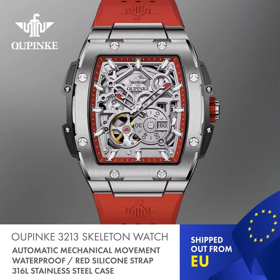 Reloj mecánico impermeable automático OUPINKE 3213 Skeleton. Edición roja. Foto 2 de 4