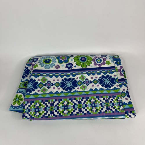 Vtg Fieldcrest Ideal Folksong Twin Flat Sheet Blue Boho Stripe Flower Power