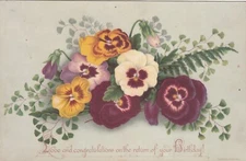 Love and Congratulations on your Birthday Pansies L Prang  Vict Card c1880s