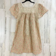 Mi Golondrina Sz L Short Dress Tan Floral Hand Embroidered Mexico