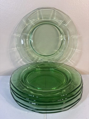 Six (6) Anchor Hocking Vintage Block Optic Uranium Green Glass 6 1/4" B&B plate