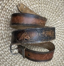 Vintage Men s Tooled Brown Leather Belt Horse Theme Western XXL 47 Inch