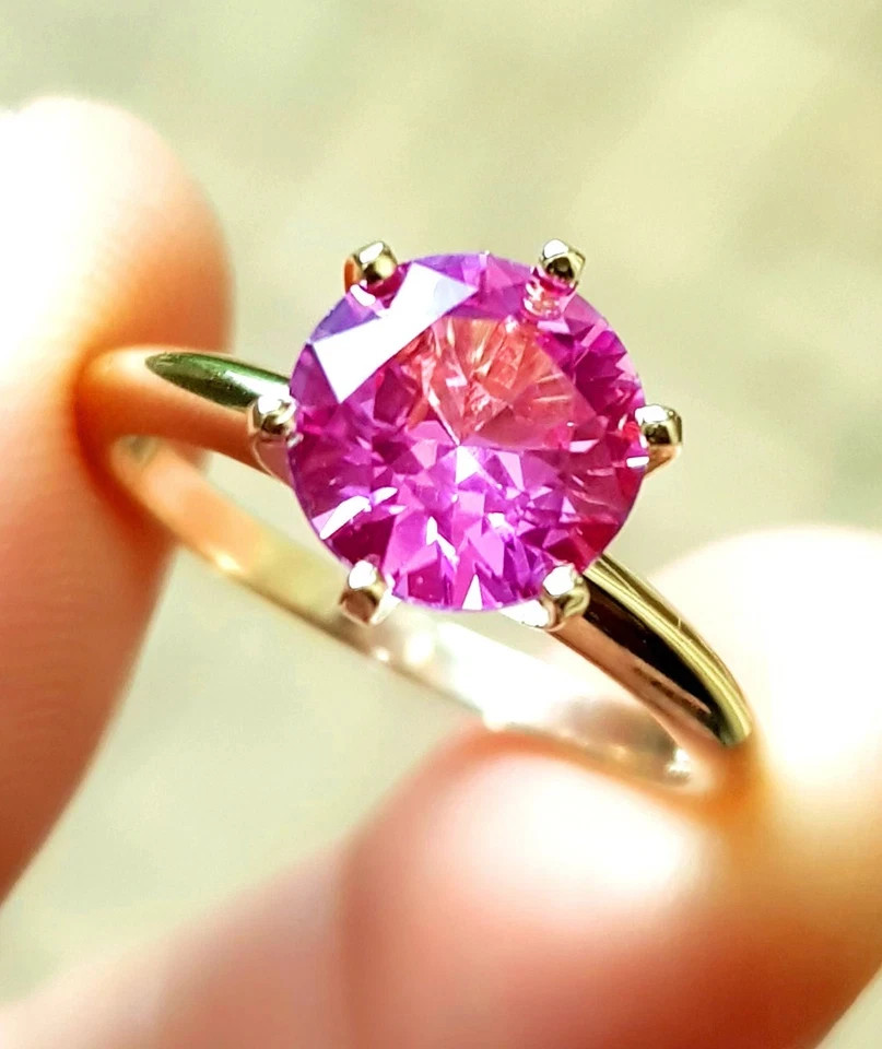 2.54 Ct Round Cut Pink Sapphire & Diamond Ring Real 14k SOLID Yellow Gold
