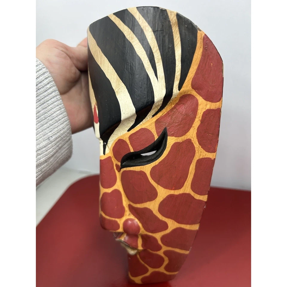 Hand Carved Wooden African Tribal Mask Zebra Giraffe Design Wall Decor - Image 4 of 4