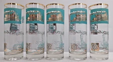 Libbey Southern Comfort Steamboat Highball Tumblers Aqua Gold Set 5 Cocktail MCM