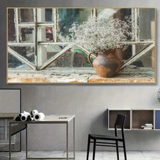 Retro Window Sill With Vintage Vase & Flower Unframed Canvas Painting for Living