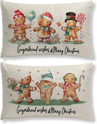 2Pcs Christmas Gingerbread Pillow Covers, Vintage Winter Pillowcase 2pcs 