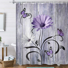 Rustic Farmhouse Floral Shower Curtain,Boho Purple Daisy Flowers Butterfly on Co