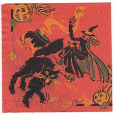 Servilleta de Halloween vintage de crepé/papel ~ capa verde bruja, caldero, gato negro #2